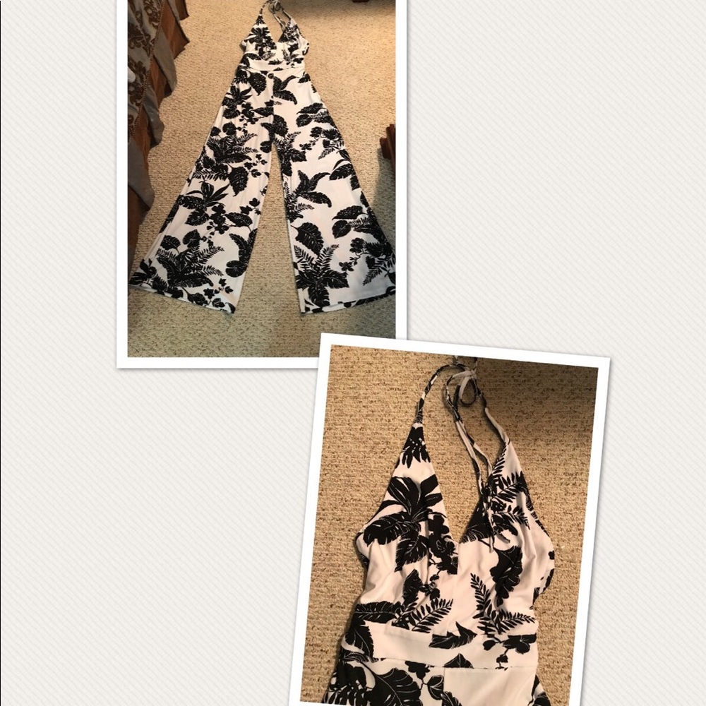 New York & Company Black and White Halter Floral Jumpsuit